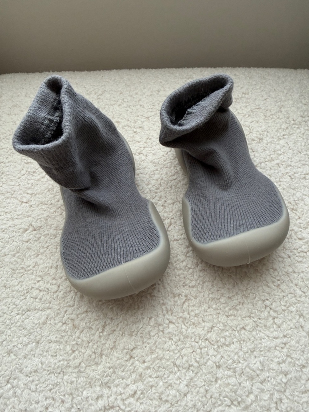 Baby Gray Sock-Style Slip-On Slippers with Rubber Toe